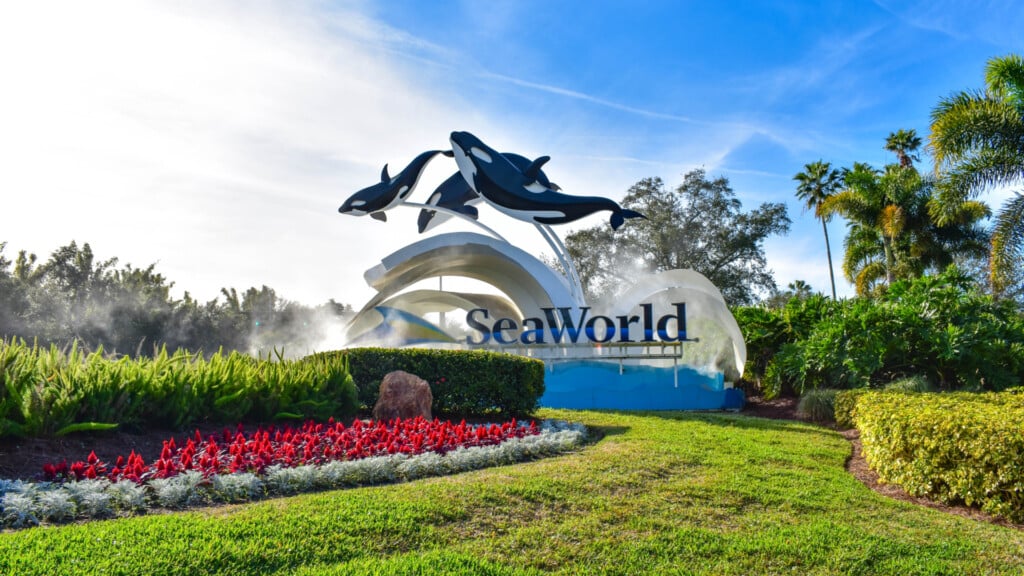Cantora Thaeme Mariôto dá dicas de como aproveitar o SeaWorld com crianças | Fachada do SeaWorld, em Orlando | Conexão123