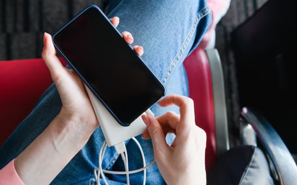 FBI Alerta: carregar o celular no aeroporto traz riscos ao usuário | Mulher carregando celular com tela preta e USB conectado no carregador | Conexão123